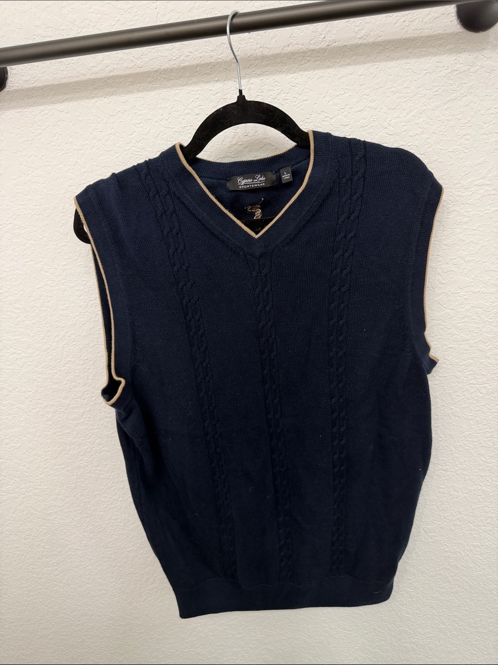 Perry Ellis Navy V-Neck Cable Knit Sweater Vest with Tan Trim